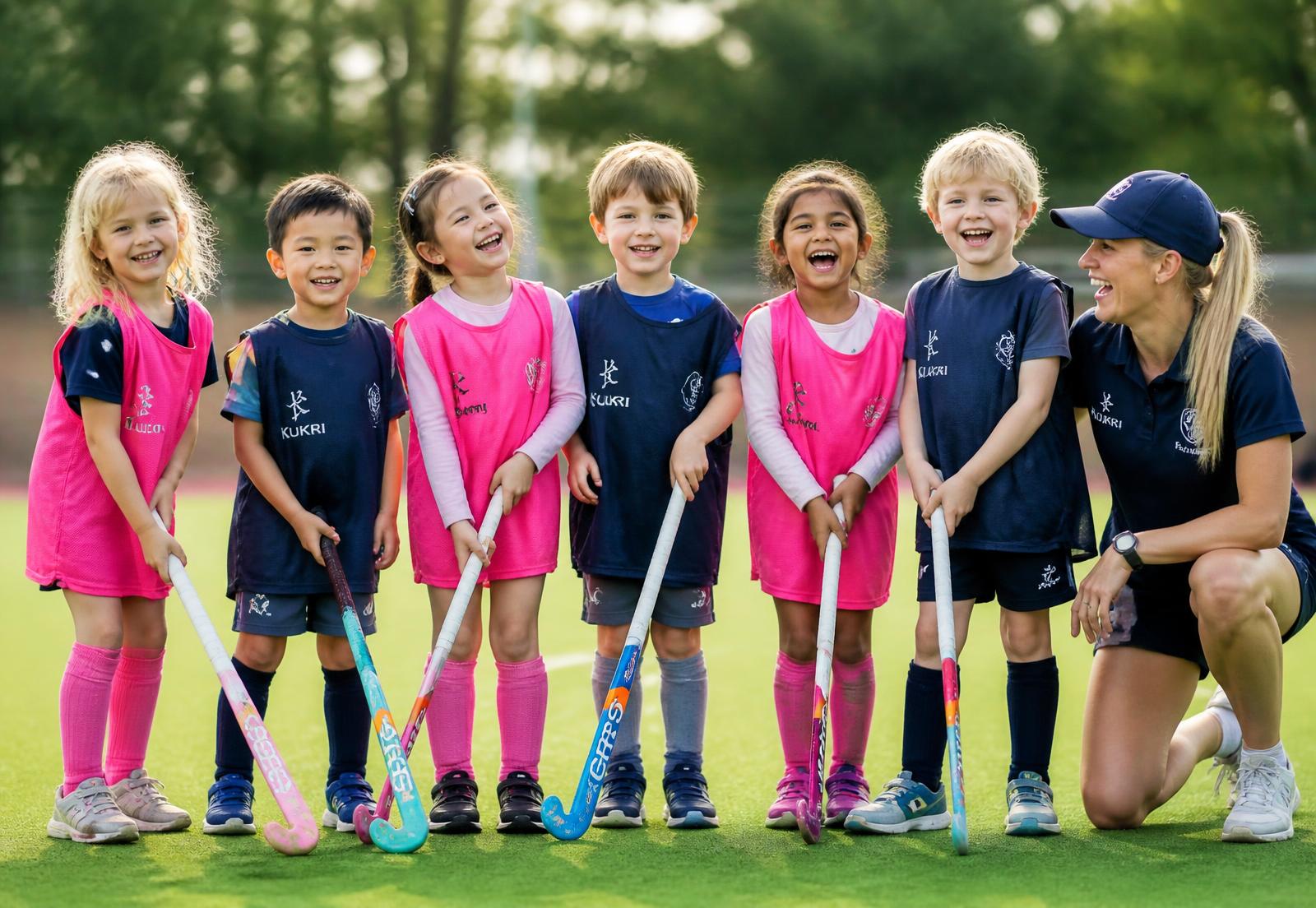 Happy preschool children holding hockey sticks on a field with their coach